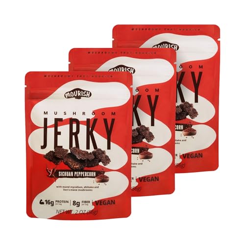 Mourish Vegan Mushroom Jerky, Sichuan Peppercorn, 3 Pack (2 oz), Good Source of Protein and Fiber, Plant Based Meat, Spicy Flavor, Meatless Healthy Snacks for Hiking, Camping, Work, Travel & School