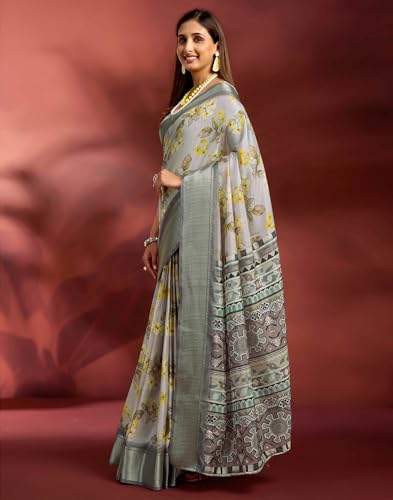 Image of SIRIL Women's Dola Silk Printed Jacquard Border Ready To Wear Saree with Unstitched Blouse Piece