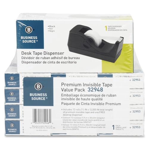 Business Source BSN32948 Tape Dispenser Value Pack,1 in. Core, .75 in. x 1000 in., 12-PK, BLK