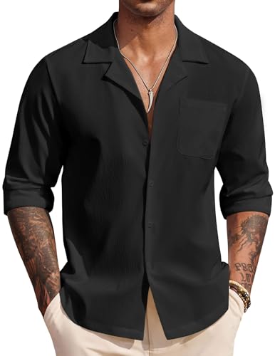 Image of DEELMO Mens Casual Button Down Shirt Summer Beach Shirts Long Sleeve Cuban Collared Tropical Textured Shirts