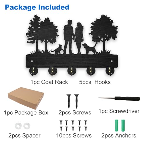 MAYJOYDIY Wood Key Holder for Wall 30x20cm, Family Tree Design with Cat Dog Pattern, 5 Alloy Hooks, Black, Wall Mount - Image 3