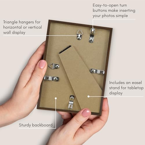 Americanflat 5x7 Picture Frame with Shatter-Resistant Glass - Streamline Collection - Thin Border Photo Frame for Tabletop and Wall Display - Hanging Hardware and Easel Stand Included - Walnut