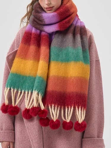 CORIRESHA Women's Rainbow Striped Scarf Soft Winter Warm Thick Shawl Gifts with Pom Pom2