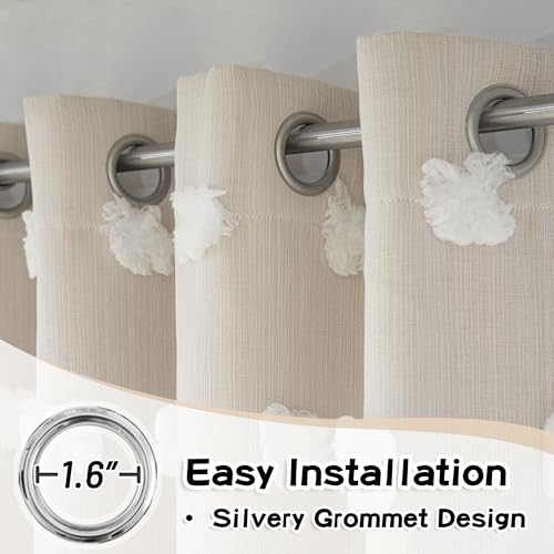 Image of MYSKY HOME Beige Curtains for Bedroom 63 Inch Long Double Layer Curtains for Kids Room Kithen Beige Pom Pom Sheer Nursery Curtains Grommet Room Darkening Window Curtains 2 Panels Set, 52 x 63 Inch