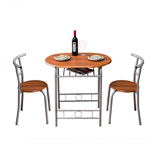 bigbao Table Set Dining Set 3-Piece Wooden Round Table & Chair Set for Kitchen, Dining Room, Compact Space w/Steel Frame, Built-in Wine Rack - Brown Dining Room Sets Kitchen Table Set