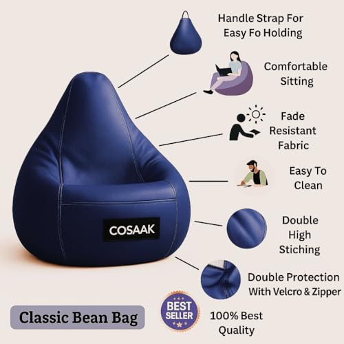 Image of Bean Bag Cover, Faux Leather, 66 x 86 x 112 cm, Indoor Gaming and Reading Chair (Navy, XXL, Solid)