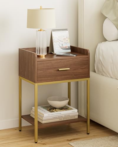 Image of Masupu Nightstand, 3-Tier Modern Bedside Night Stand with Storage Drawer and Shelf, Small End Side Table for Bedroom, Living Room, Walnut