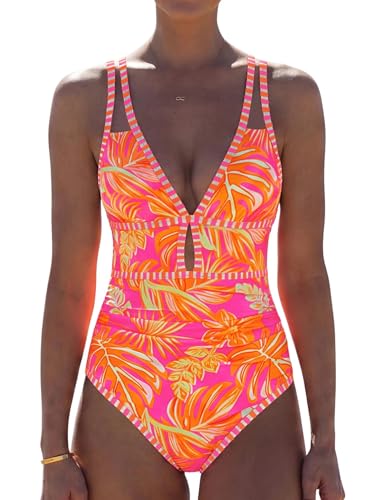 Image of popvil Women One Piece Swimsuit 2026 Tummy Control Sexy Cutout Neon Color Block Bathing Suit Slimming Adjustable Swimwear