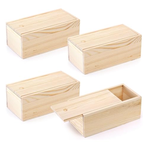Htuygyjaw Paquete 4 Cajas Almacenamiento Madera Sin Terminar con Tapa Deslizante,Estuche para Recuerdos Vintage,Contenedor para Tarjetas,Caja de Regalo Pequeña para Pasatiempos Artísticos
