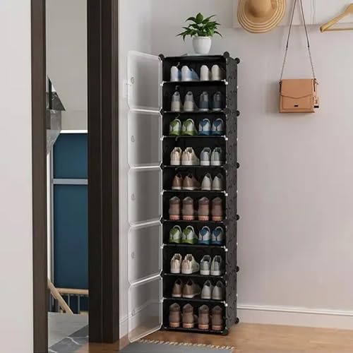 Image of Zemic DIY Portable Shoe Rack for Home Plastic Shelves Household, Shelf Shoe Rack with Dustproof Door for Heels /Slippers /Boots for Entryway or Bedroom (Black, 10-Shelf-5-Door)