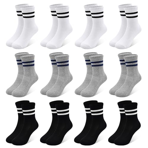 Image of 12 Pairs Boys Socks Kids Toddler Crew Socks Boys Athletic Sock Black for Boy Girls,1-12 Years.