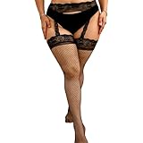 Quilax 1 Stück Netz Strapsstrümpfe Damen,Große Größen Fischernetz Halterlose Netzstrümpfe,Spitzenbund Strapsstrümpfe Damen,Karneval Party Outfit