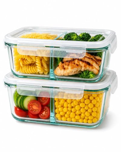 Kit 2 Potes Herméticos de Vidro com Divisória 640ml Marmita Fit de Vidro Borossilicato BPA Free, para Freezer, Forno e Micro-ondas, Tampa com Travas e Vedação de Silicone Divisória para Refeições