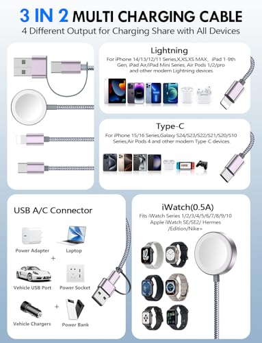 2pack multi charging cable cord for travel vacation essentialsapple watch chargeriphone 17 charger3-in-2 usb atype clightning cable for iwatchiphone 17-11xbox series xampsairpodshomeoffice