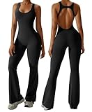 OEAK Womens Flare Jumpsuit Tummy Control Workout Romper Cutout Outfits Sleeveless Unitard Seamless One Piece Backless Bodycon Black M