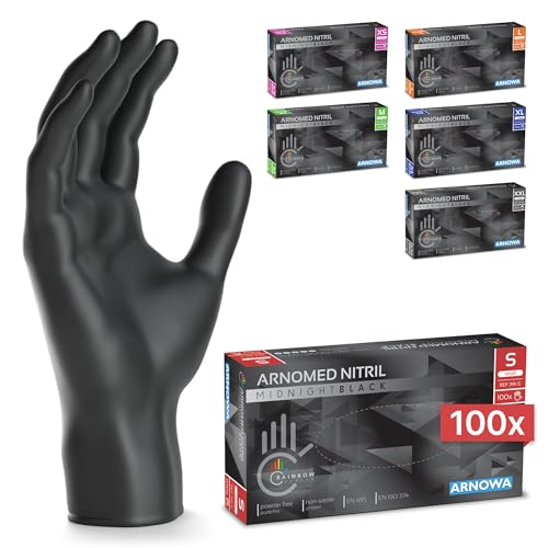 100x ARNOMED® Guantes nitrilo talla S Negro, Guantes desechables quirurgicos y laboratorio, Luvas nitrilo descartaveis sin polvo y látex, Manoplas nitrilo en XS, S, M, L, XL, XXL