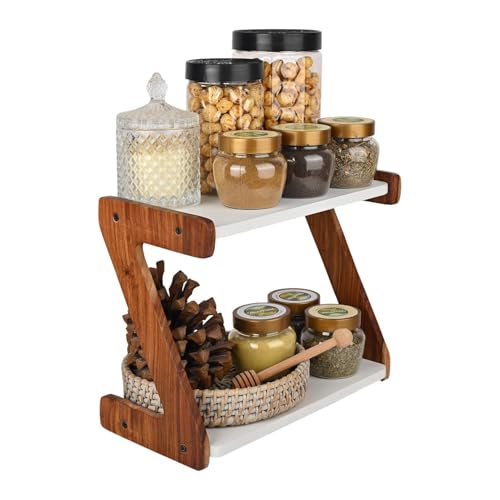 Image of 2-Tier Wooden kitchen organizer items and storage, kitchen organiser, kitchen stand, with Z-Shape kitchen rack organizer, 2-Tier Wooden Spice Rack Organizer, 33 x 16 x 25 cm, White Shelves