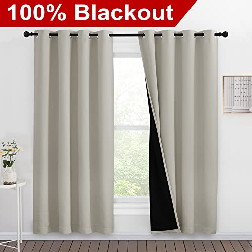 Image of NICETOWN 100% Blackout Window Curtain Panels, Full Light Blocking Drapes with Black Liner for Nursery, 78-inch Drop Thermal Insulated Draperies (Natural, 2 Pieces, 55-inch Wide Per Panel)
