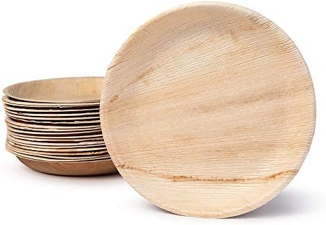 Palm Leaf Plates with Wooden Cutlery [200 Pack - 50pcs 24cm Plates, 50 Forks, 50 Spoons, 50 Knives] Disposable Wooden Biodegradable Paper Plates for Party, Wedding