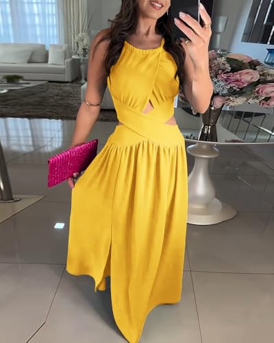 Image of CHICME Women's Sleeveless Halter Neck Dress Criss Cross Tie Back Split High Maxi Dress