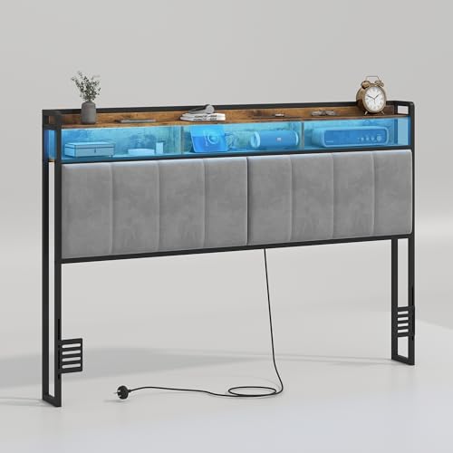 Ufurniture Headboard Queen Size with 2-Tier Storage,Industrial Headboards with Outlets, USB Ports and LED Light, Adjustable Height Linen Upholstery Back Support, Brown & Grey