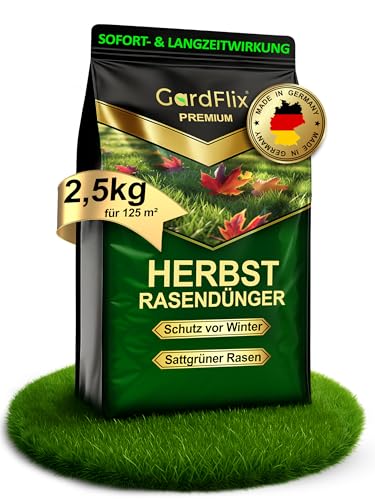 Gardflix Herbstdünger Rasen Langzeitwirkung (2,5kg Sack für 125m²) | Rasendünger Herbst verdrängt Moos | Frostschutz & Winterfester Rasen | Staubarmer Granulat für Streuwagen | Sicher für Kind & Tier