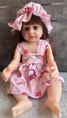 Image of Realistic Baby Doll with Pink Striped Floral Dress, Long Brown Hair, Soft Vinyl Body, 25cm Height, Movable Limbs, Matching Hair Bow