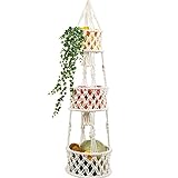 AerWo 3 Tier Hanging Fruit Basket for Kitchen Organizing, Macrame Hanging Basket for Storage Fruits, Veggies, Keep Produce Fresh, 46 Inches Boho Decor Hanging Baskets for Hanging Indoor Plant