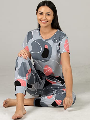 Image of Evolove Women's Cotton Round Neck Short SleevesNight Suit Set /Top Pyjama Set Super Soft Comfortable (Nightsuit-Round-HS-4)