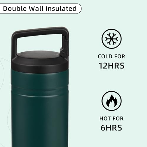 Image of BJPKPK 20 oz Insulated Travel Water Bottle, Coffee Tumbler Stainless Steel | Double Wall Vacuum, Leakproof, Thermal, Keeps Hot /Cold, Dishwasher Safe, Spill Proof, Wide Mouth, 2 Lids, Dark Green