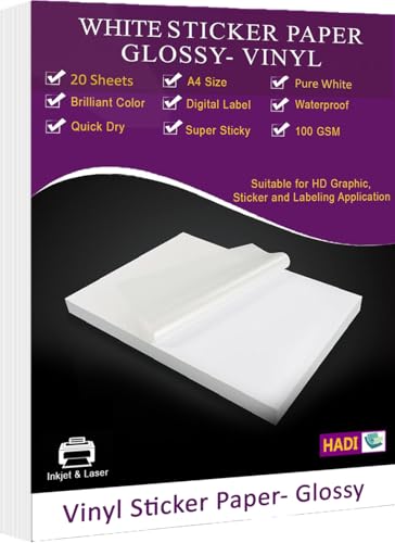 A4 White Glossy Vinyl Sticker Paper -Printable 20 Sheets Self Adh...