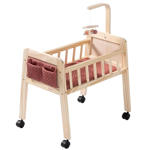 Letto per bambole in legno con mobile e tasca per utensili: l'elegante giostrina con 4 ciondoli e la tasca in tessuto nella parte anteriore del letto offrono ancora più divertimento per i piccoli genitori delle bambole.