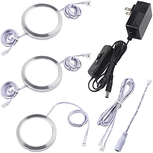 Lvyinyin Kitchen Under Cabinet Light Kit For Ambient & Accent Lighting, Easy To Install, Low Profile Led Puck, Diameter 2.4 Inch, 120V Plug In Adapter, Inline Switch, 3 Lights, Daylight #TOP19