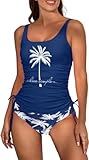 Earlymemb Womens Live Simple Coconut Tree Halter Tankini Swimsuit Ruched Two Piece Bathing Suit Drawstring Swimwear with Bottom(XXL,B-Blue)