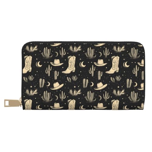 Leather Thin Slim Wallets for Women Men - Fashion Black Cowboy Boots Cactus Print Card Wallet Holder with Zipper - Main Image