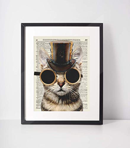Steampunk Cat Vintage Dictionary Art Print, Antique Wall Art Home Decor, Modern Boho Poster, Farmhouse Decoration Living Room Bedroom Office 8X10 Inches, Ready To Frame #TOP2