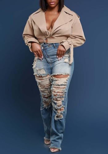 HuiSiFang Women's Ripped Straight Leg High Waisted Y2k Jeans Distressed Stretchy Tassel Jeans Streetwear3