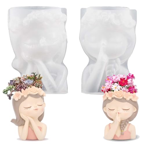 BUKCYUE 2 Pièces Moule en Silicone pour Fille de Fleur, Pot de Fleurs, Vase Femme, pour Résine Époxy, Bougie, Béton, Plâtre (B)