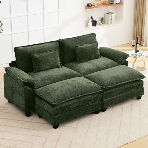 Image of Oprisen 86 inch Modular Sectional Sofa, Comfy Cloud Couch Sectional Sofa with Ottoman, Chenille Sofa Sleeper Deep Seat Sofa with Throw Pillows for Living Room (Green)
