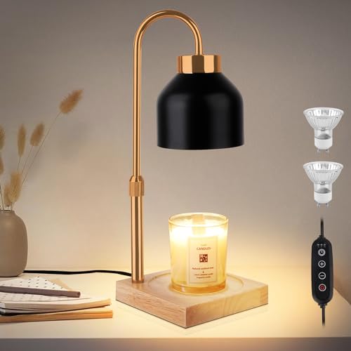 T-SUN Lámpara Calentadora Velas, Lámpara Fusión Cera Vela Eléctrica con Temporizador, Calentador de Velas Vintage con 2 Bombillas, Lámparas Mesa Fusión para velas aromáticas, Hogar, Decoración (Negro)