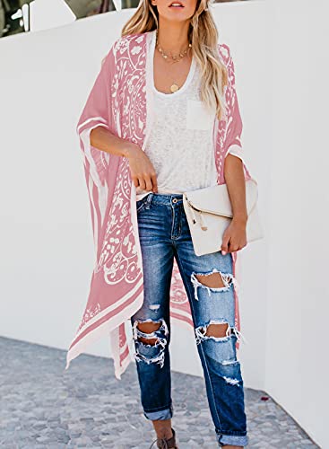 Roskiki Womens Floral Print Kaftan Dress Chiffon Open Front Kimono Cardigan Sheer Tops Poncho Bathing Suits Pink #TOP2