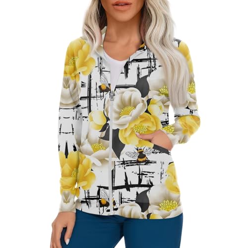 Scrub Jackets for Woman Zip Up Long Sleeve Tops Print Plus Size Womens Scrubs for Women Nursing Shirts with Pockets