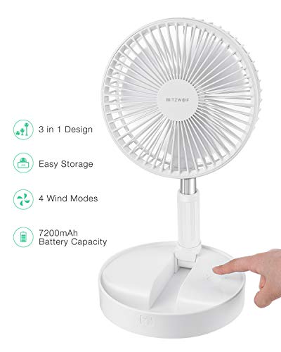 Tischventilator, BlitzWolf Faltbarer Dehnbarer Ventilator Kompakter Standventilator Eingebauter Lüfter mit 7200mAh Leiser Wind für Hause, Büro, Outdoor, Camping, Picknick(4 Geschwindigkeitsstufen)