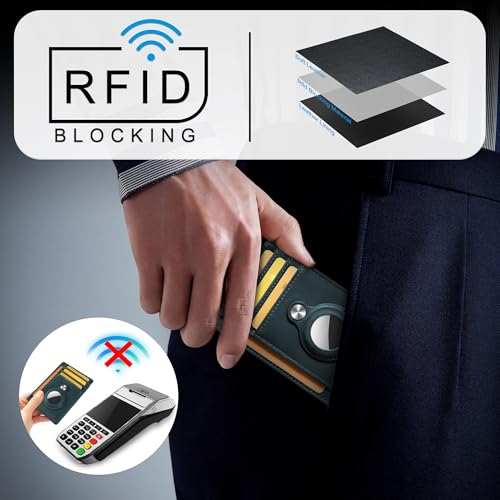 Image of Hawanik Slim Minimalist Front Pocket Air Tag Wallet, RFID Blocking Card Holder Wallet with Airtag Holder, Genuine-leather Blue, Minimalist, Minimalist