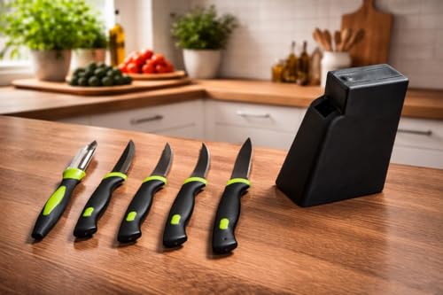 Image of 5-Piece Kitchen Knife Set with Stand, Stainless Steel Blades, Includes Peeler, 14x9x4 cm Block Multicolour (Black, 5pcs Knife Black)