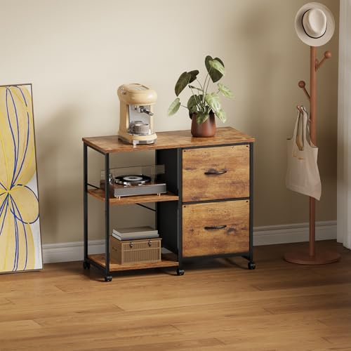 YeTom 2-Drawer Fabric Lateral File Cabinet with Wheels, Rolling Printer Stand with Open Storage Shelf for Home Office, Rustic Brown