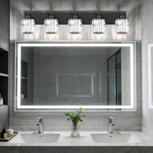 Image of Black Crystal Bathroom Vanity Light, 5-Light Modern Bathroom Lighting Fixtures Over Mirror, Matte Black Wall Sconce Light Fixtures with Round Shade