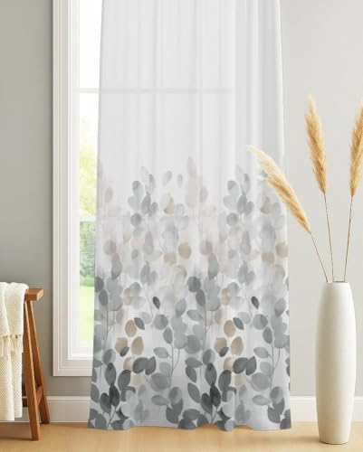 Image of Casableu Linford Sheer Curtains 7 Feet Long Set of 2 for Door, Digital Printed Curtains with Eyelets, Semi Sheer Curtains for Living Room, Tieback Included (Grey 7 feet)