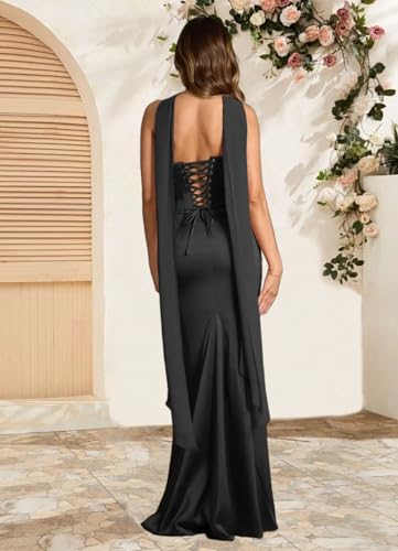 Strapless Bridesmaid Dresses with Scarf Convertible Long Mermaid Ruched Satin Formal Evening Ball Gown for Women2