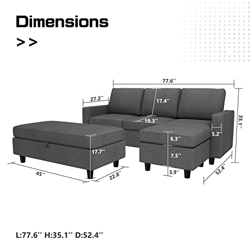 Honbay Reversible Sectional Couch With Ottoman L-Shaped Sofa For Small Spaces Sectional Sofa With Chaise In Dark Grey #TOP5